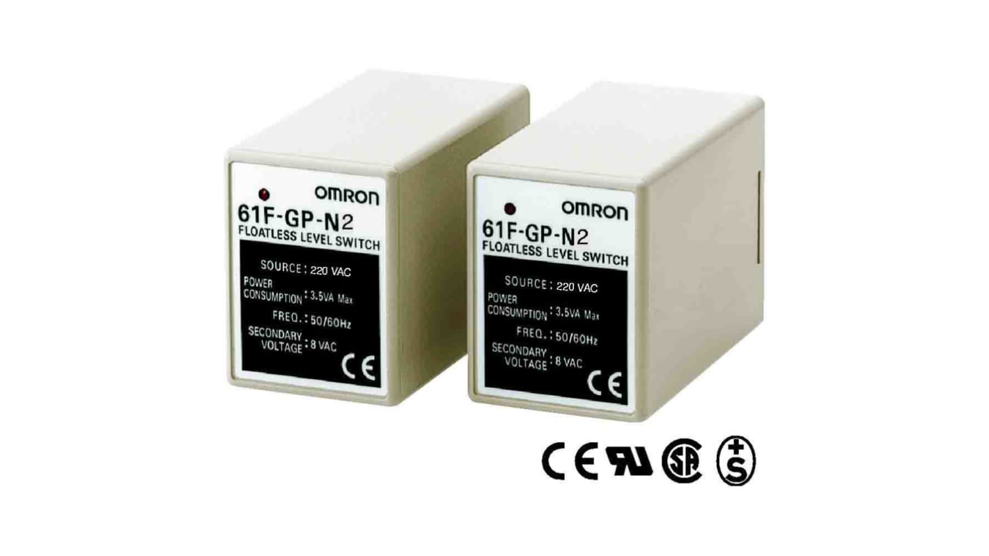 Regolatore di livello conduttivo Omron 61F-GP-N2 110VAC, montaggio su guida DIN, 3 ingressi, dimensioni 49.4x38x80 mm.