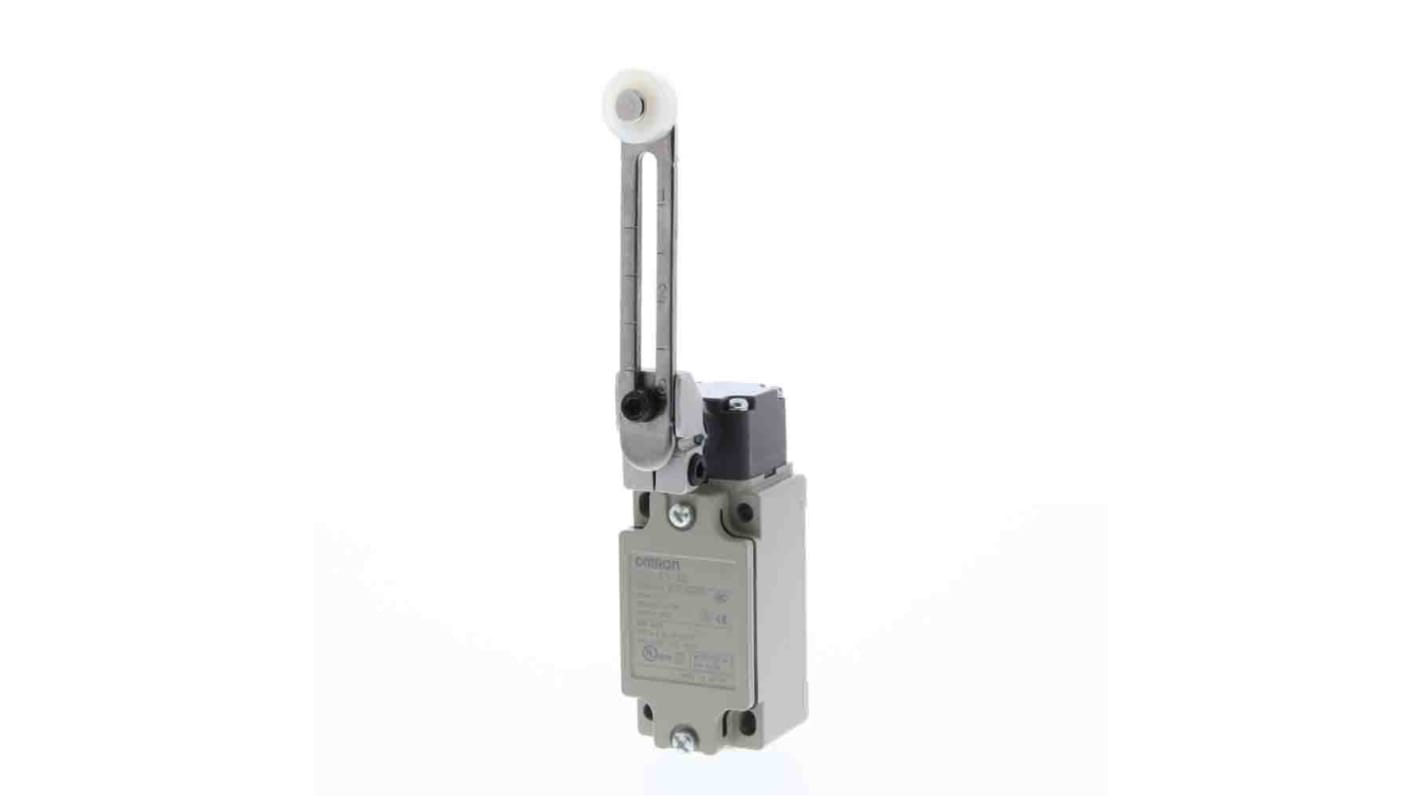 Interruttore di fine corsa Omron D4B-4516N con leva regolabile, 1NC/1NA, 20A, 400V, grado di protezione IP67.