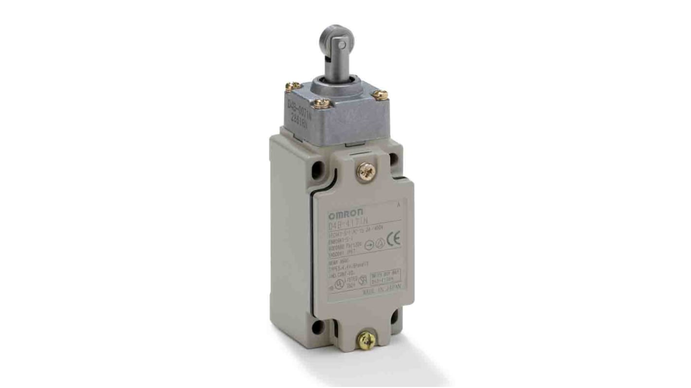 Interruttore di fine corsa Omron D4B-4571N, tasto a rotella, contatti 1NC/1NA, protezione IP67, custodia metallica.