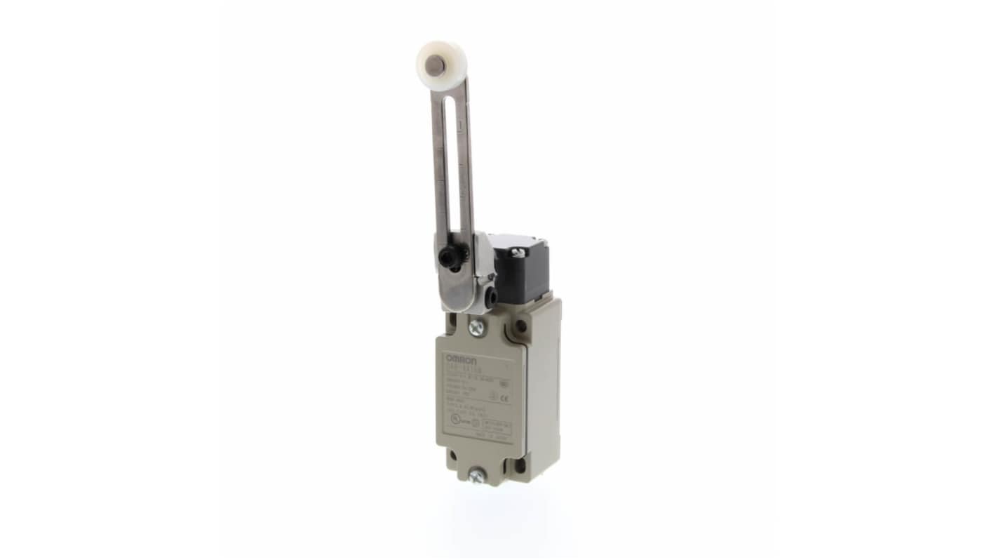 Interruttore di fine corsa Omron D4B4A16N con leva regolabile, contatti 2NC, protezione IP67, custodia in metallo.