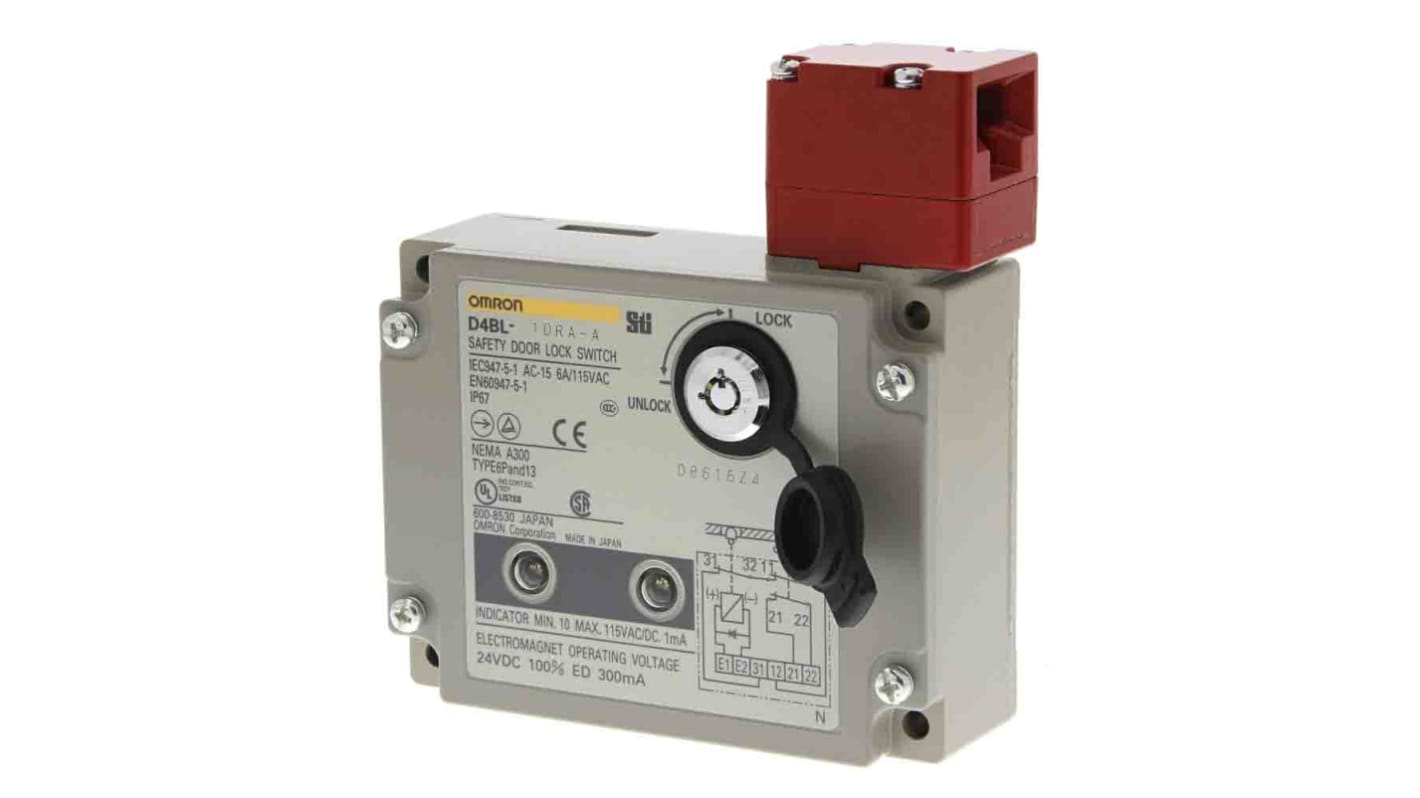 Interruttore di interblocco a solenoide Omron D4BL-1DRA-A, 24V cc, con blocco meccanico automatico e contatti 2NC e 1NC.