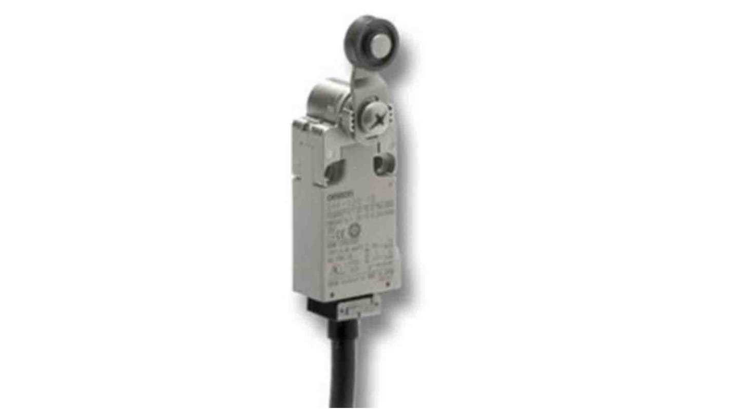 Interruttore di fine corsa Omron D4F-102-3D, tasto a rotella, 1NC/1NA, protezione IP67, corrente 10A, cavo verticale 3 metri.