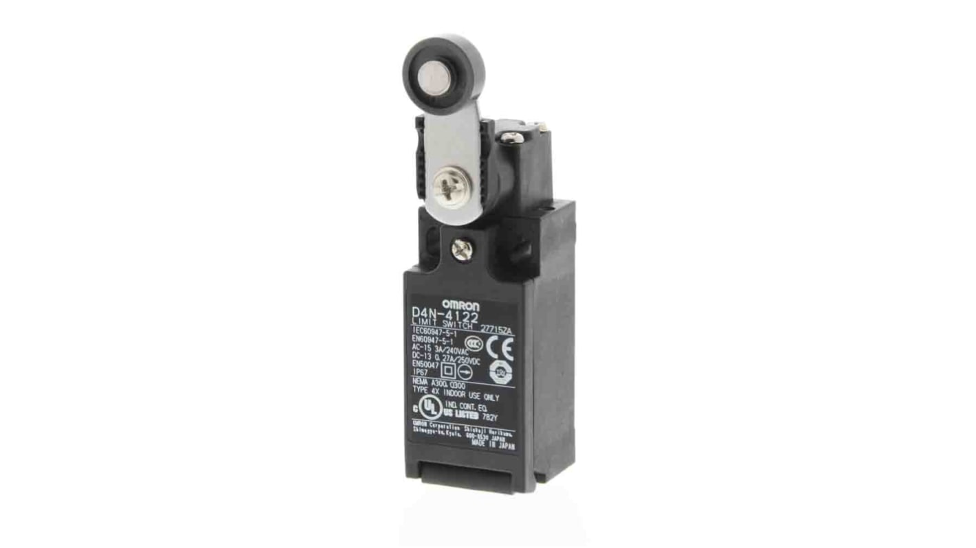 Interruttore di fine corsa rullo Omron D4N1122, 1NC/1NA, 240V, 10A, grado di protezione IP67, attuatore in metallo.