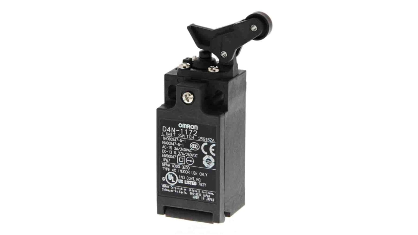 Interruttore di fine corsa Omron D4N-1172, leva a rullo, 1NC/1NA, custodia metallica, IP67, 10A, 240V.