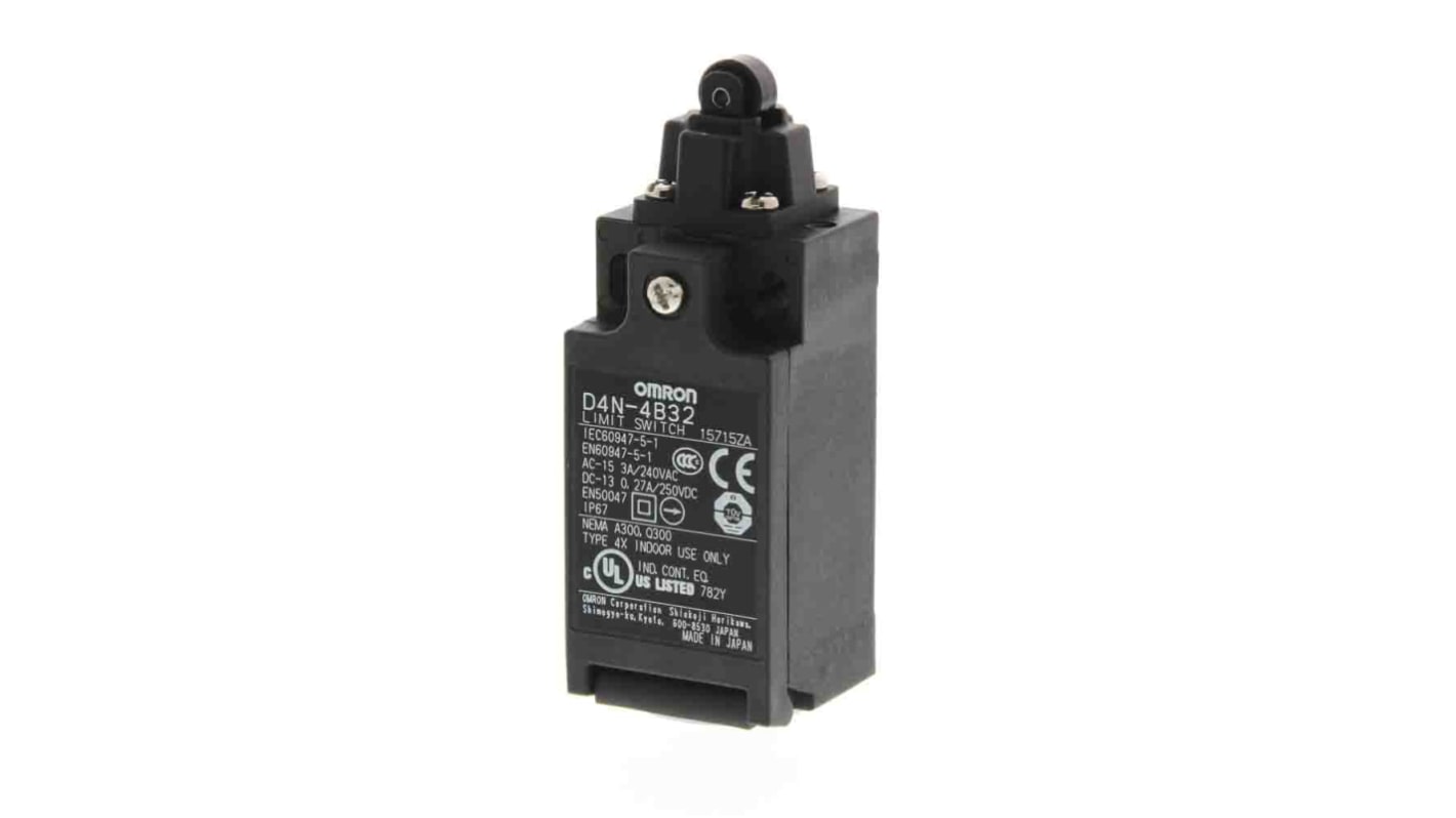Interruttore di fine corsa Omron D4N-4B32, tasto a rotella, 2NC, 240V, 10A, grado di protezione IP67, custodia in metallo.