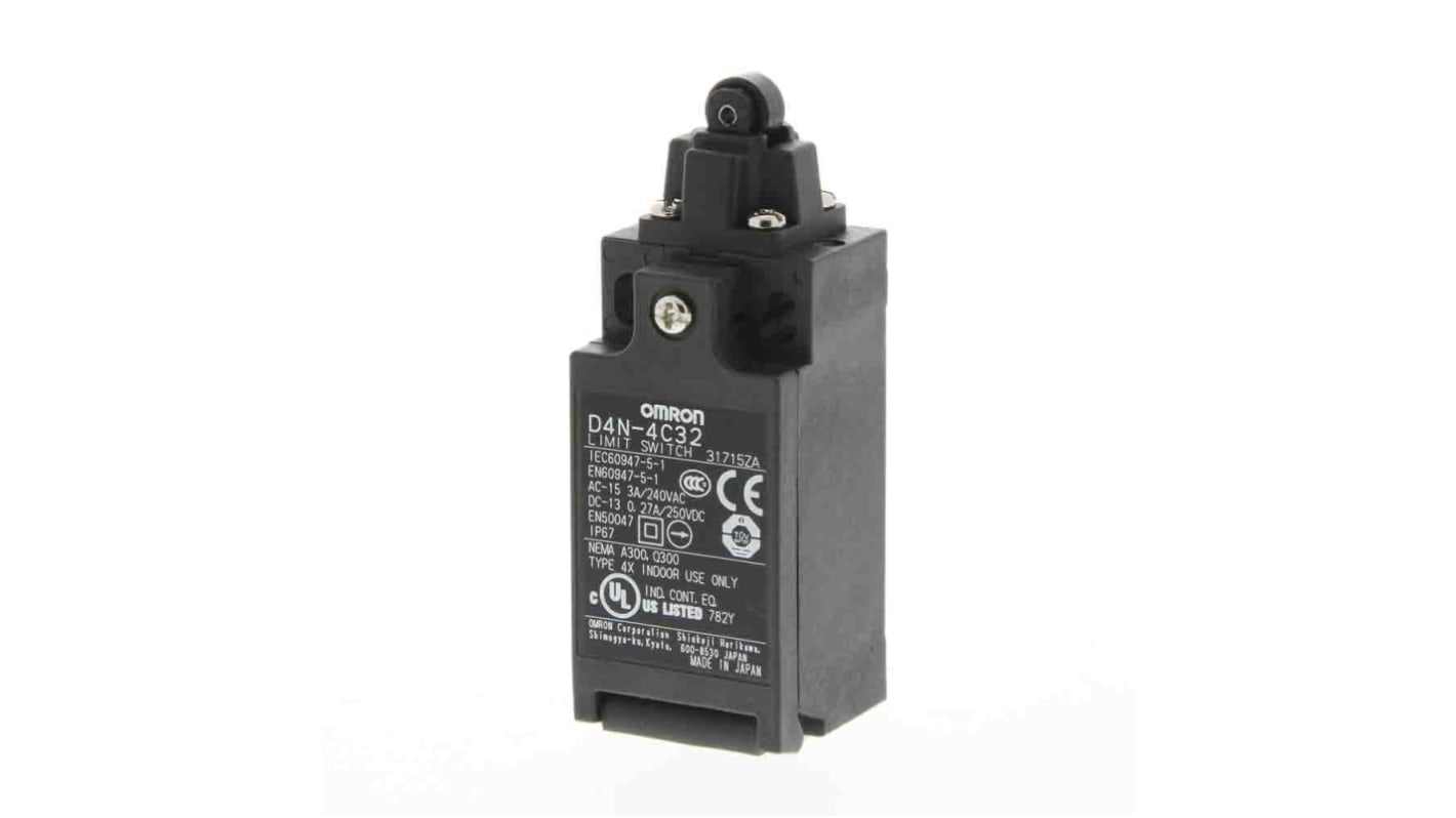 Interruttore di fine corsa Omron D4N-4C32, tasto a rotella, 2NC/1NA, IP67, custodia metallica, corrente 10A, tensione 240V.