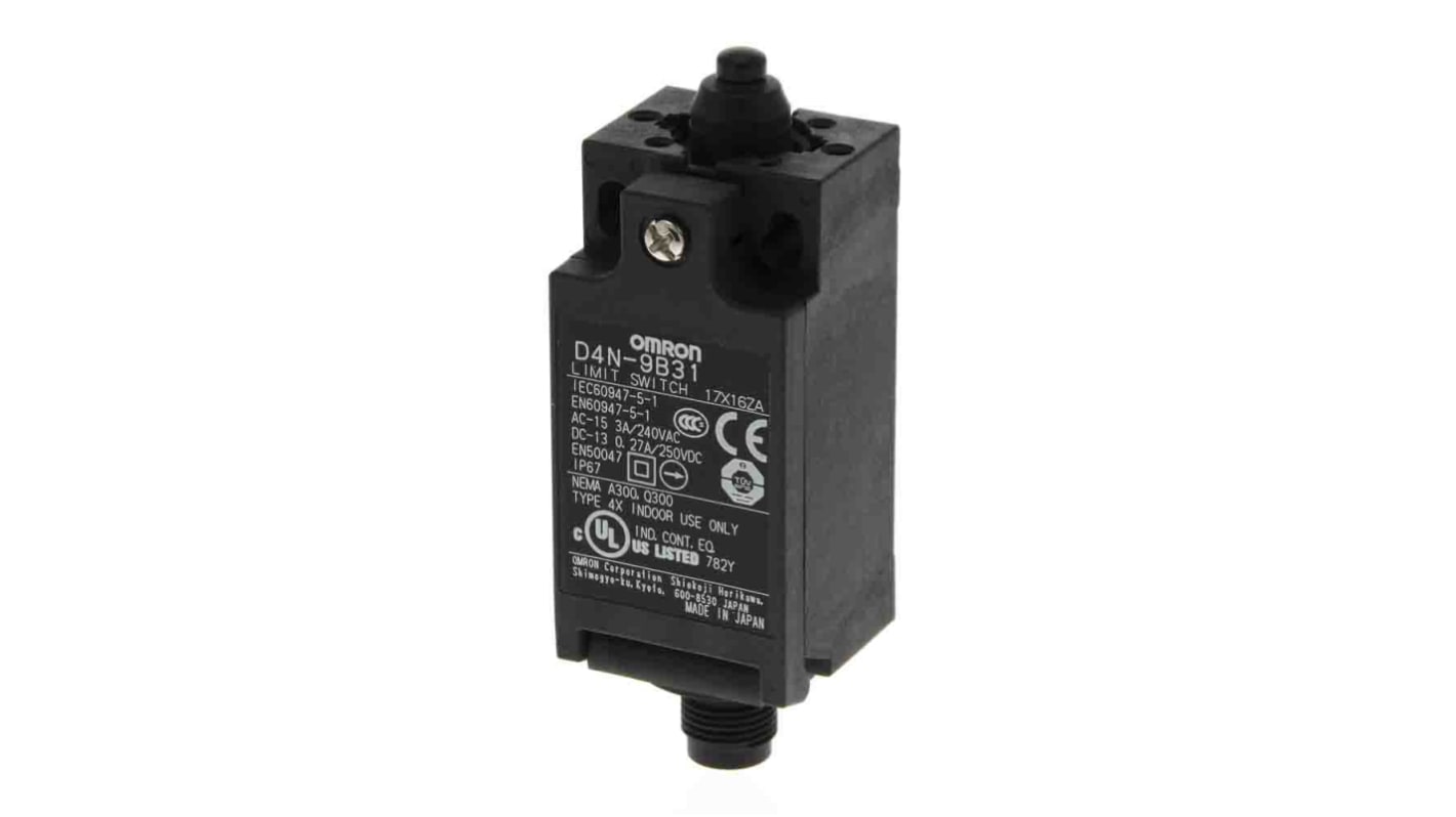 Interruttore di fine corsa Omron D4N-9B31, attuatore stantuffo, 2NC/1NA, IP67, custodia metallica, 10A, 240V.