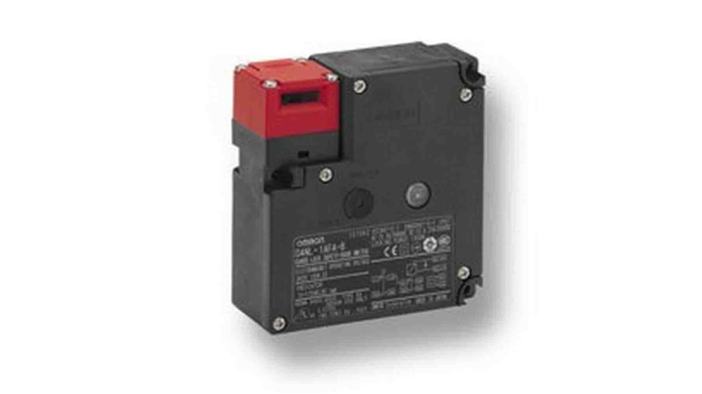 Interruttore di interblocco a solenoide Omron D4NL-4FFG-B, 24V cc, design senza piombo, grado di protezione IP67, con indicatore LED arancione.