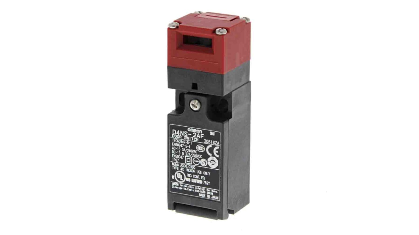 Interruttore di interblocco di sicurezza a chiave Omron D4NS-2DF, 3NC, 240V, 10A, custodia in plastica, montaggio versatile.