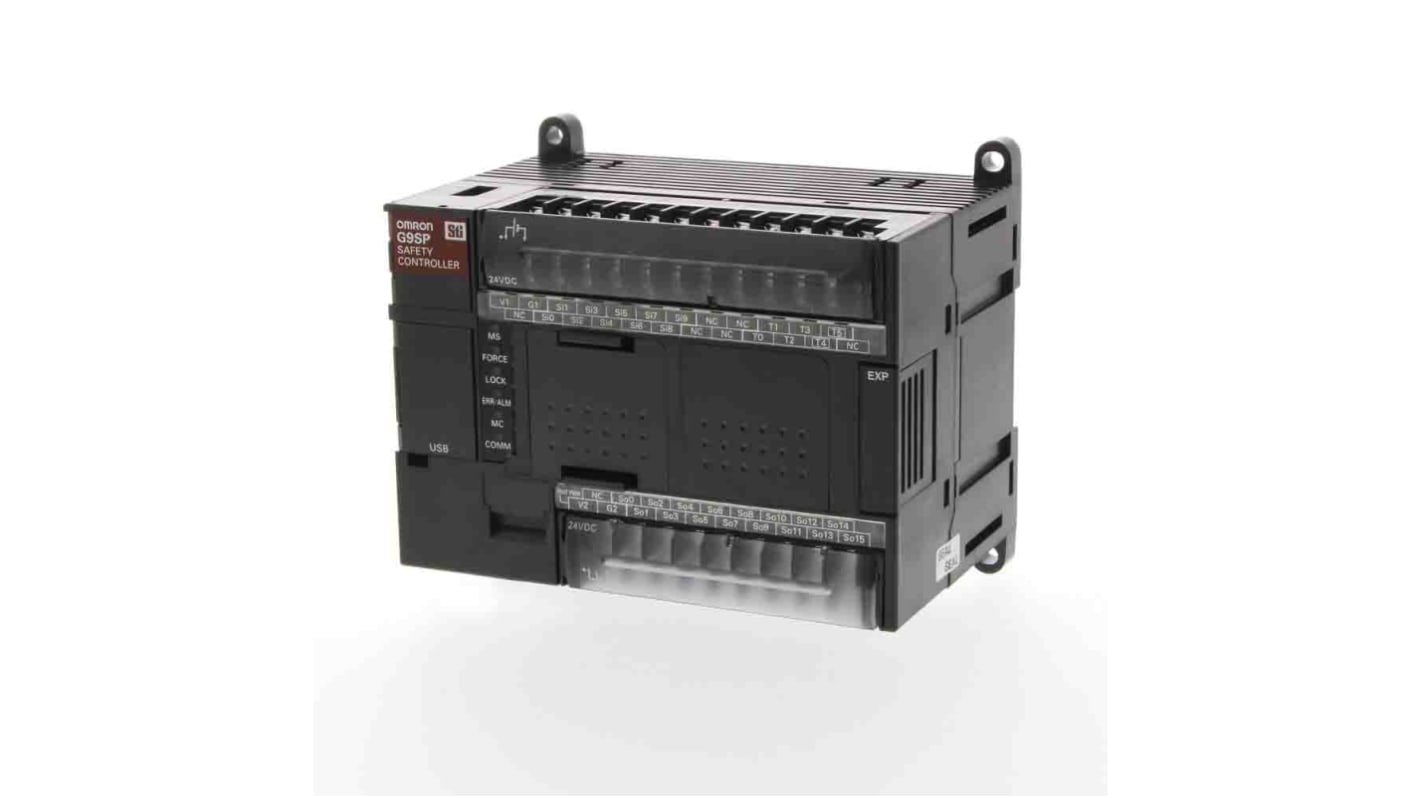 Modulo I/O Omron G9SP-N10D, 24 V c.c., 10 ingressi e 16 uscite di sicurezza PNP, montaggio su guida DIN 35 mm.