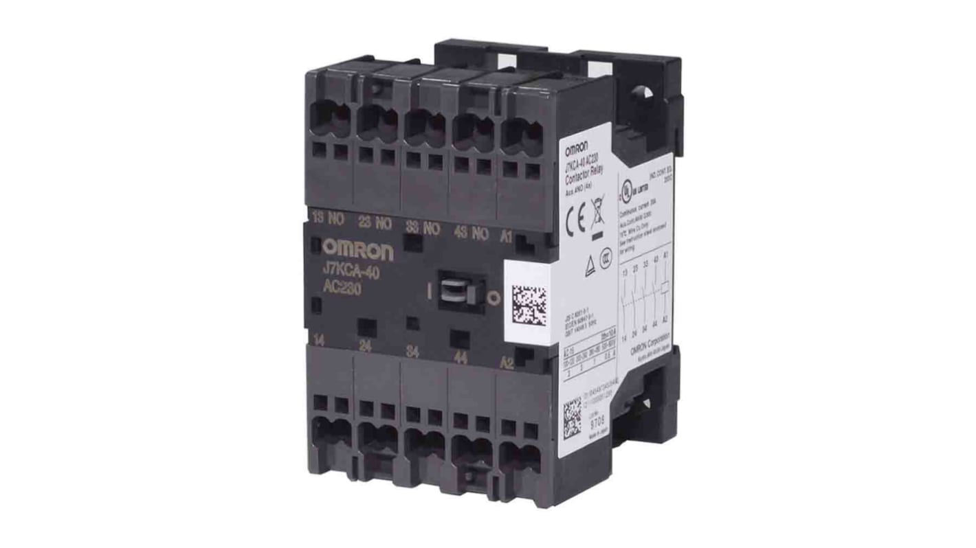 Contattore Omron J7KCA-40 DC24, 4 poli, 4 NA, 2 A, bobina 24 V c.c., tecnologia Push-in Plus, dimensioni compatte.