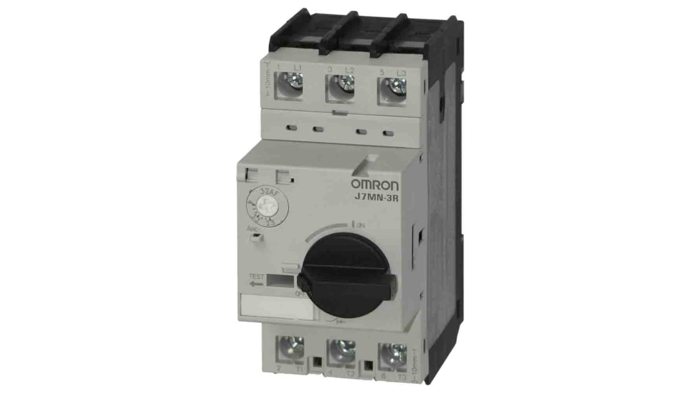 Interruttore di protezione motori Omron J7MN-3R-8, 3 poli, 8 A, 690 V, progettato per motori trifase in ambienti chiusi.
