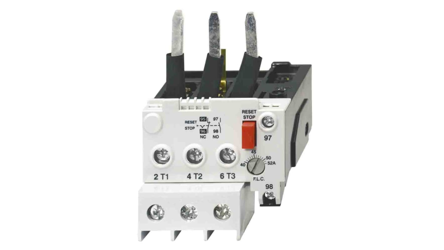 Relè di sovraccarico Omron J7TKN-D-52, 3 poli, FLC 40-52 A, montaggio diretto, tensione 24 V c.c., reset manuale e automatico.