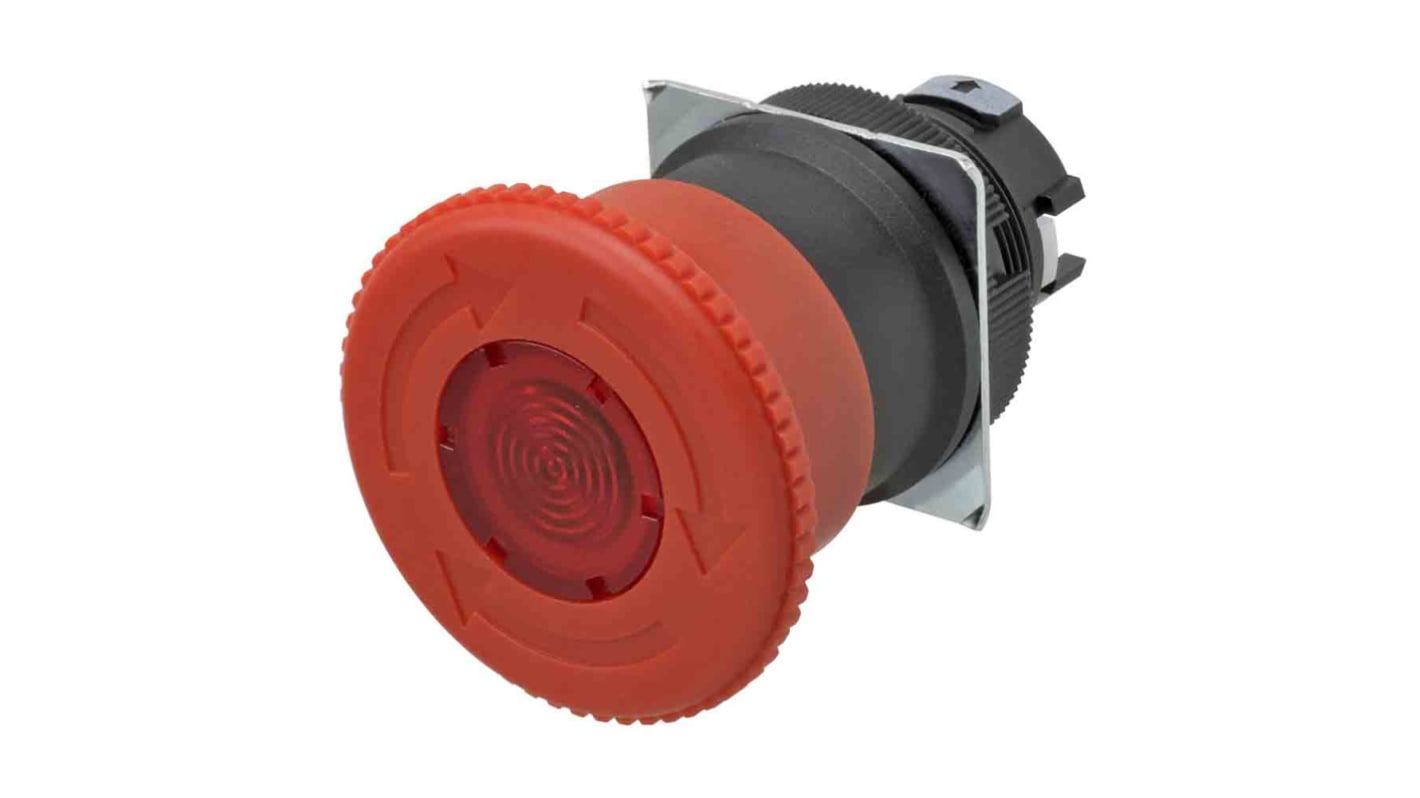 Pulsante di arresto di emergenza Omron A22NE-M-L, montaggio a pannello, diametro foro 22mm, illuminato, grado di protezione IP65.