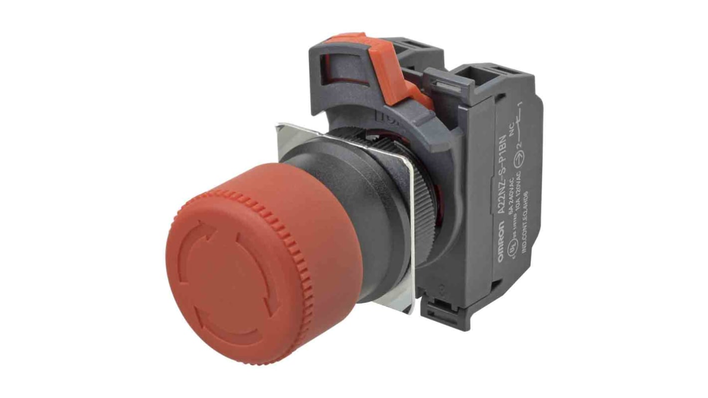 Pulsante di arresto di emergenza Omron A22NE-S-P212-N, montaggio a pannello, rosso, diametro foro 22mm, 1 NO + 2 NC.