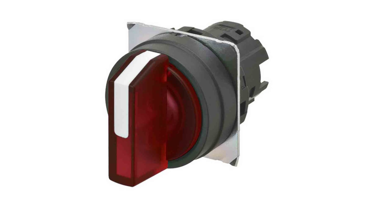 Selettore Omron A22NZ-3BM-TRA a tre posizioni, diametro foro 22mm, in plastica rossa trasparente, grado di protezione IP66.