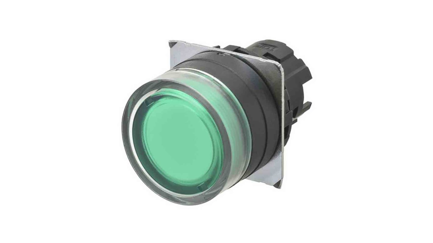 Interruttore a pulsante luminoso Omron A22NZ-BGM-TGA, diametro 22 mm, illuminato, grado di protezione IP66, LED verde 24 V CC.