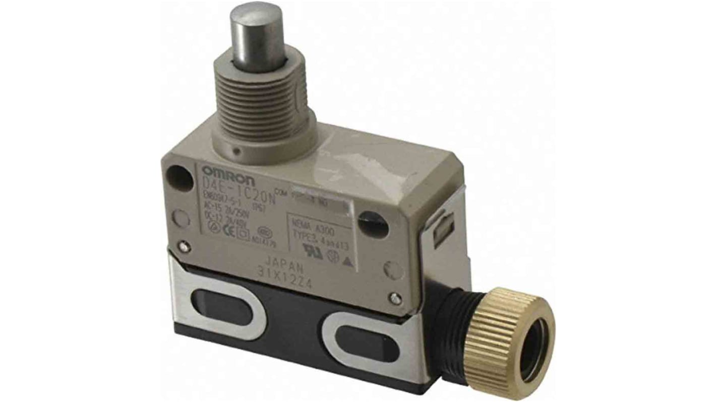 Interruttore di fine corsa Omron D4E-1C20N, stantuffo SPDT, protezione IP67, corrente 5A, tensione 250V. Design compatto.