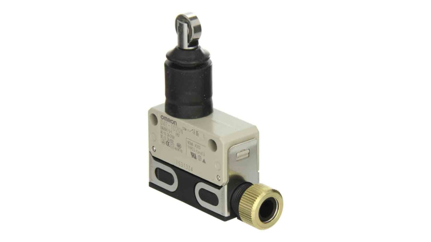 Interruttore di fine corsa Omron D4E-1D20N, tasto a rotella SPDT, protezione IP67, tensione massima 250V, design compatto.