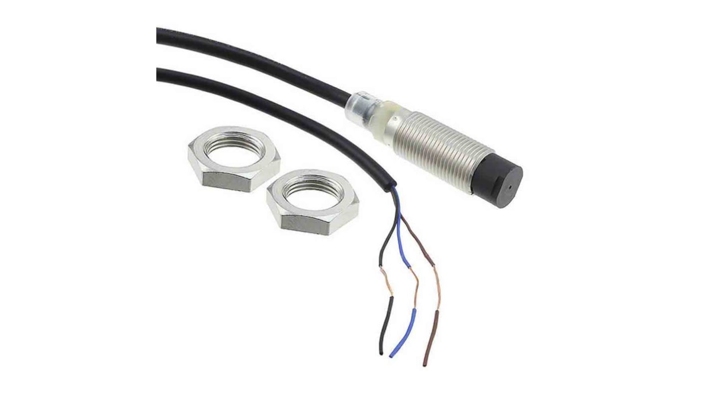 Sensore di prossimità cilindrico Omron E2B-M12KN05-WP-B1 2M, tecnologia induttiva PNP, distanza di rilevamento 5 mm, cavo 2 m, grado di protezione IP67.