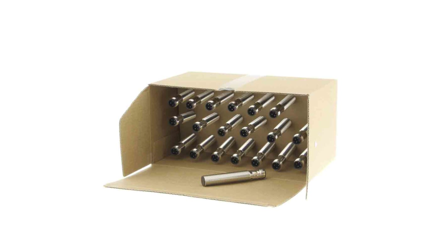 Sensore di prossimità cilindrico PNP Omron E2B-M12LS04-M1-B1-20, con gamma di rilevamento 4 mm, connettore M12, grado di protezione IP67.
