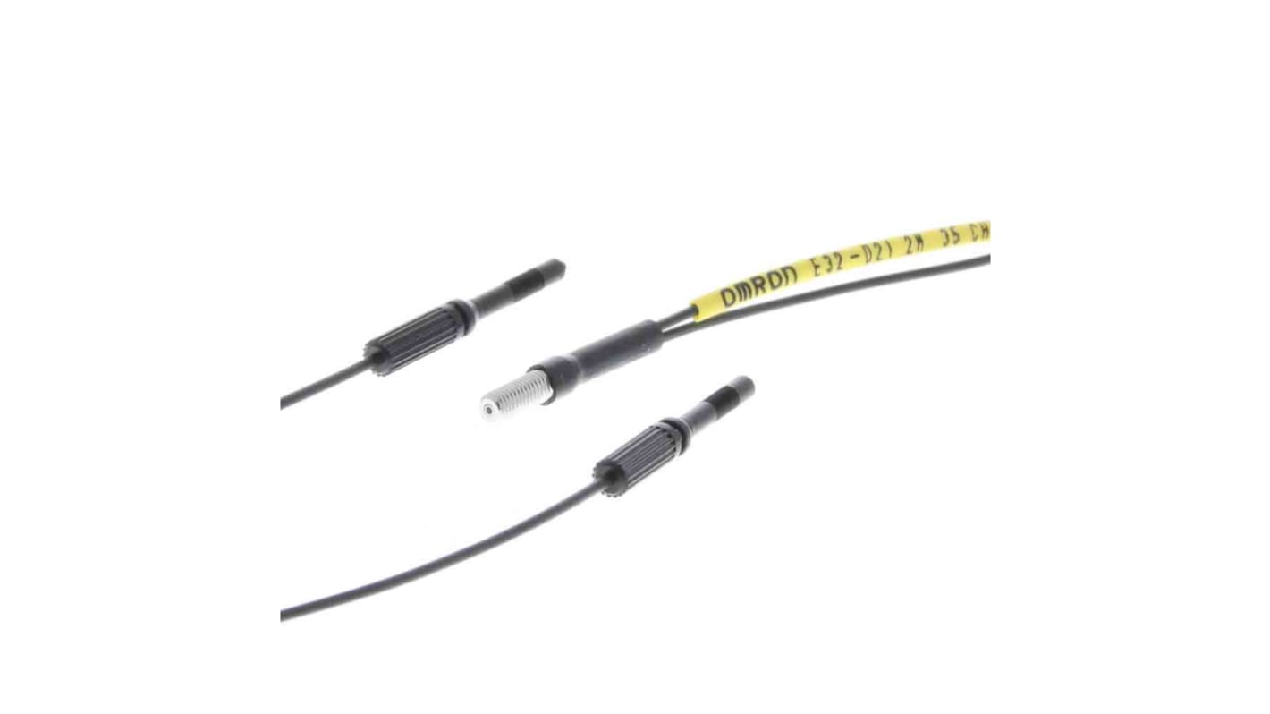 Sensore per fibre ottiche Omron E32-D21L 2M, con testina a lunga distanza e gamma di rilevamento 390 mm, facile installazione.