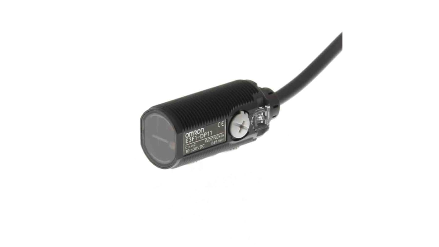 Sensore fotoelettrico cilindrico Omron E3F1-DP12 2M, rilevamento fino a 300 mm, uscita PNP, robusto e compatto.