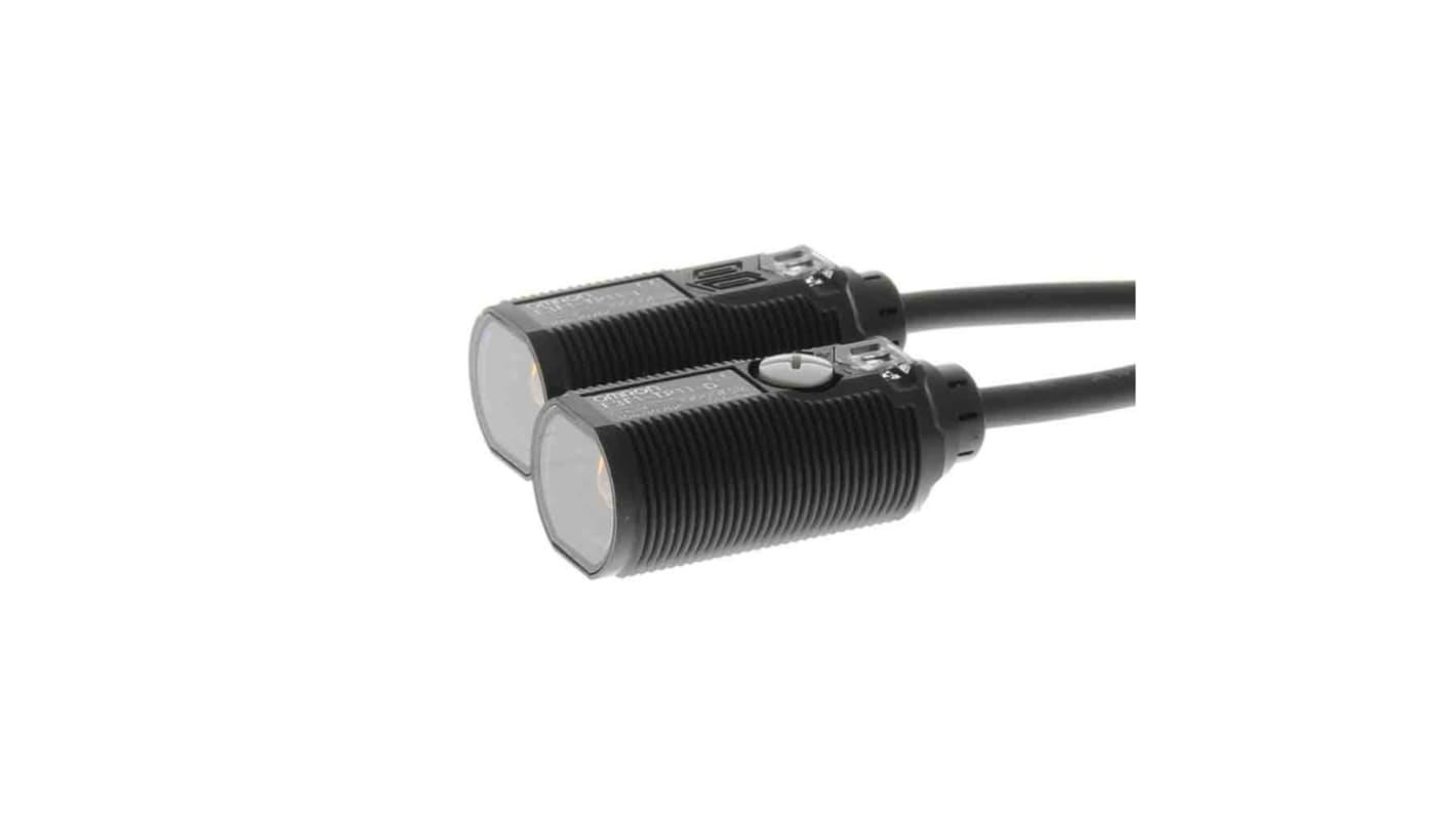 Sensore fotoelettrico cilindrico Omron E3F1-TP11 2M, rilevamento a fascio diretto fino a 15 m, uscita PNP, robusto e compatto.