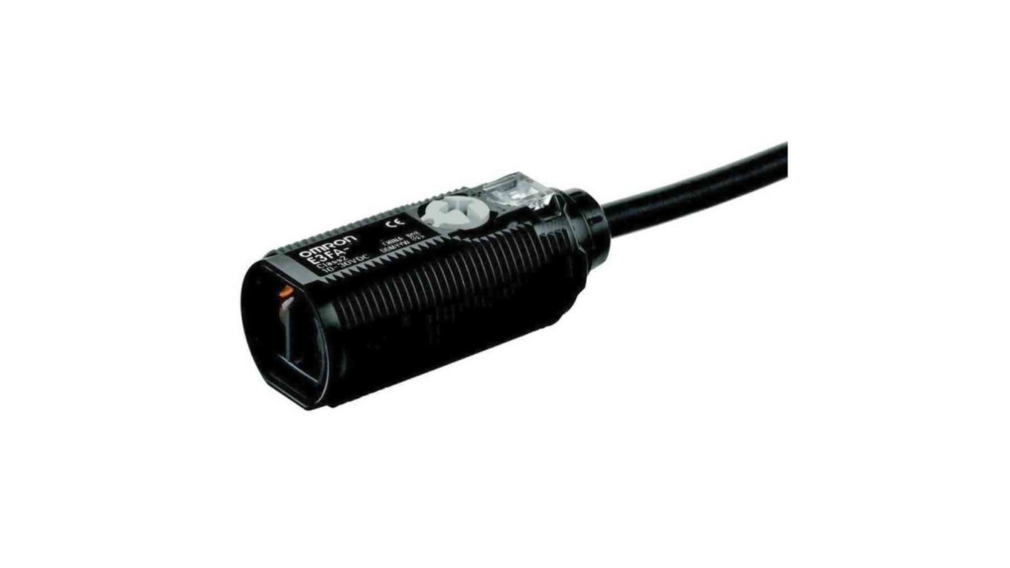 Sensore fotoelettrico cilindrico Omron E3FA-DP14-F2 2M, rilevamento a diffusione fino a 100 mm, uscita PNP, cablato per installazione compatta.