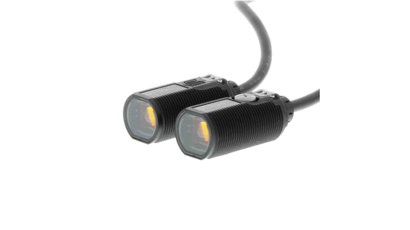 Sensore fotoelettrico cilindrico Omron E3FA-TN12 2M, rilevamento a fascio diretto fino a 15 m, uscita NPN, cavo precablato.