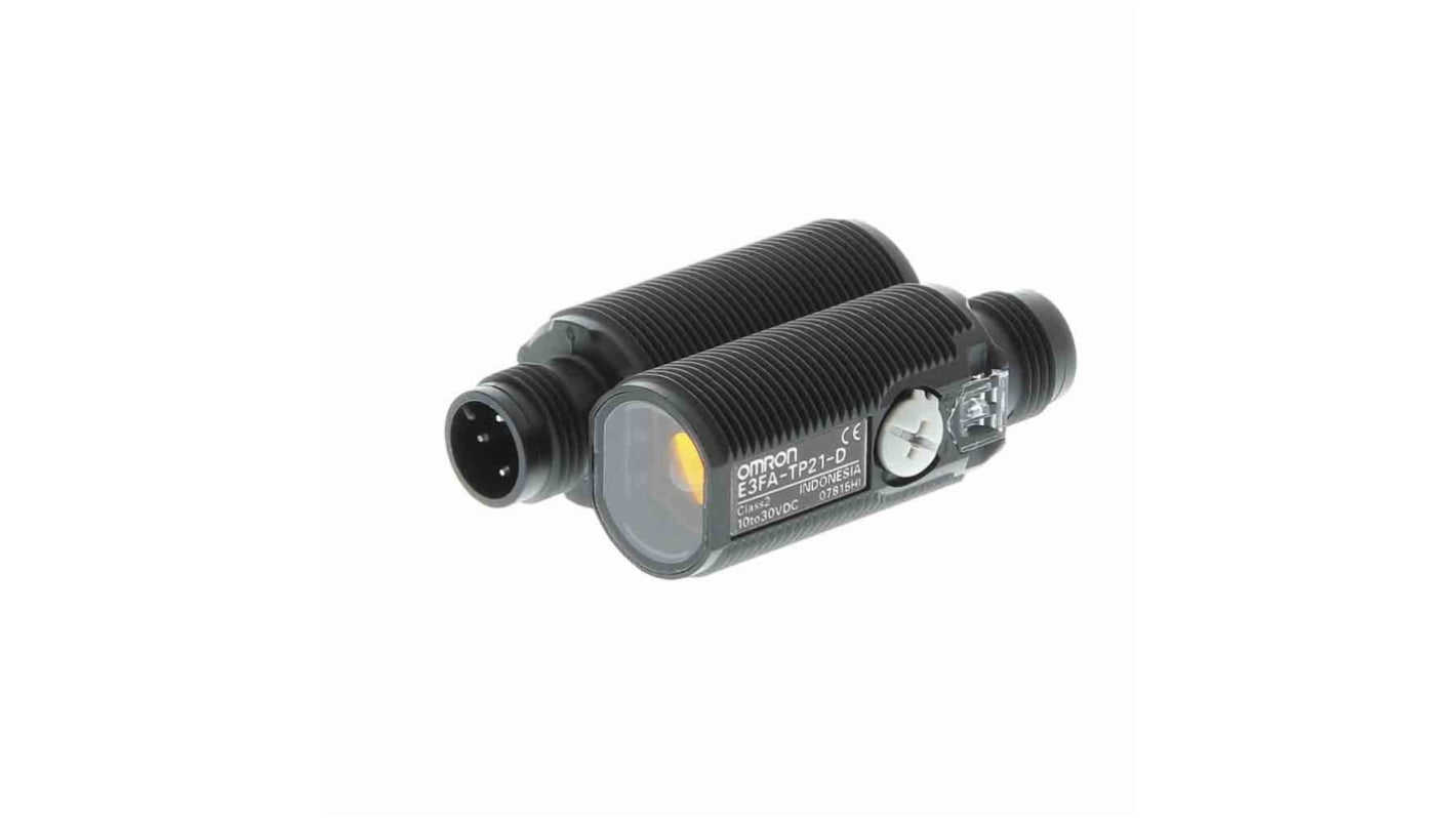 Sensore fotoelettrico cilindrico Omron E3FA-TP21-F2, rilevamento a fascio diretto fino a 20 m, uscita PNP, connettore M12.