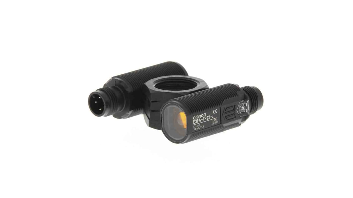Omron E3FA-TP22, sensore fotoelettrico cilindrico a fascio diretto, rilevamento fino a 15 m, uscita PNP, connettore M12. Adatto per impianti industriali.