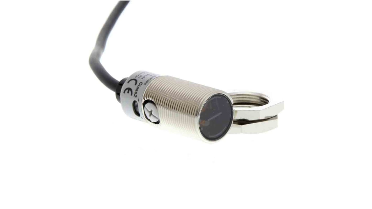 Sensore fotoelettrico cilindrico Omron E3FB-DP11 2M, rilevamento a riflessione diffusa fino a 100 mm, uscita PNP, installazione semplice.
