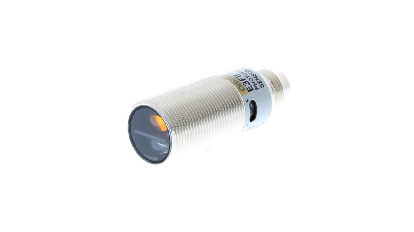 Sensore fotoelettrico cilindrico Omron E3FB-LP21-F2, rilevamento 100 mm, uscita PNP, connettore M12, design compatto.