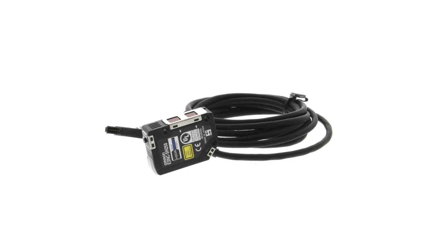 Sensore laser Omron E3NC-SH250 2M per fibre ottiche, rilevamento da 35 mm a 250 mm, configurazione semplice e stabile su vari materiali.