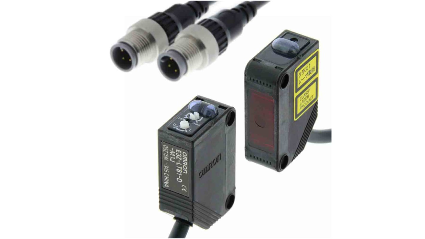 Omron E3Z-LT81-M1J 0.3M, sensore fotoelettrico rettangolare con rilevamento fino a 60 m e uscita PNP, design compatto.