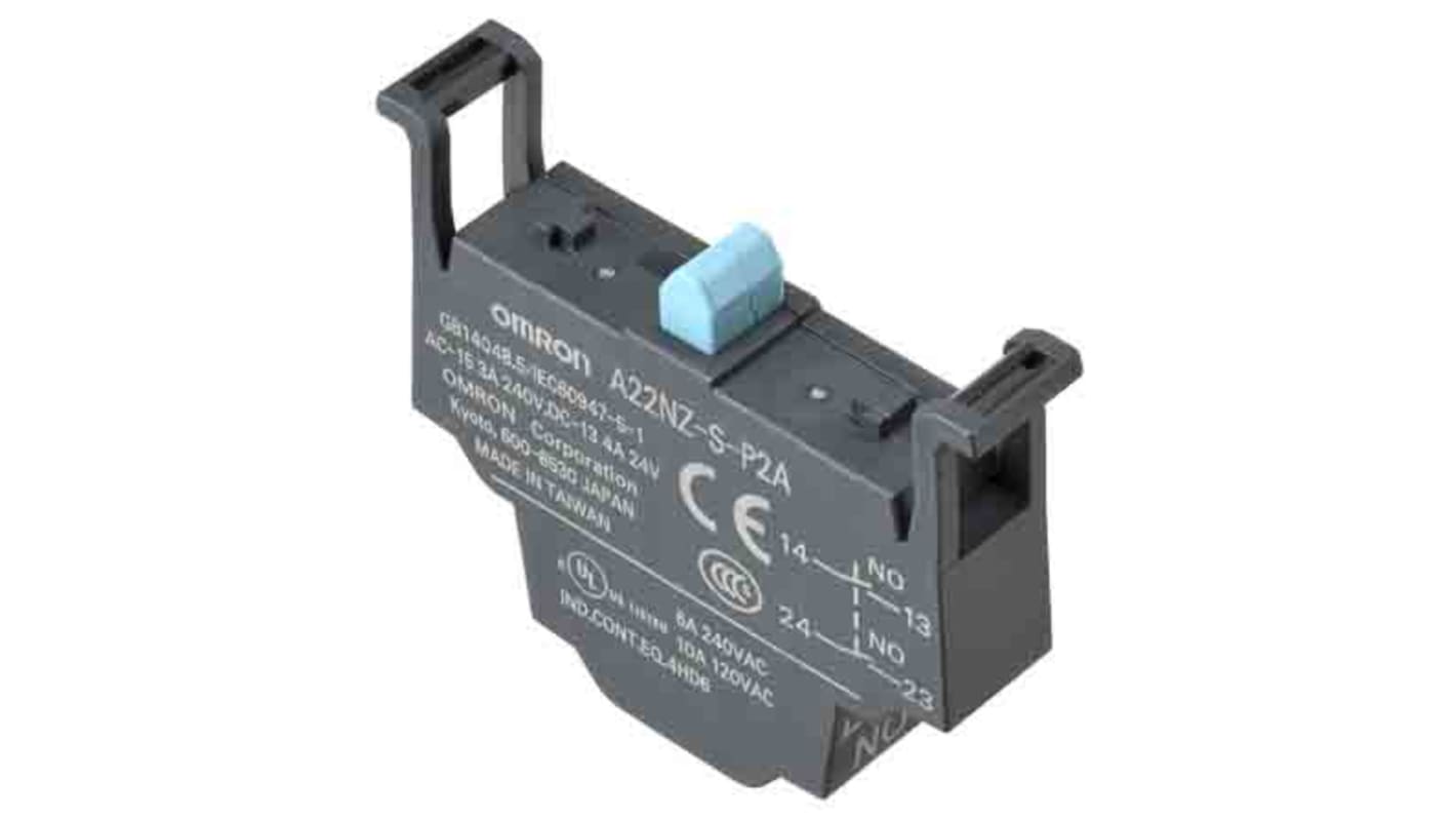 Blocco contatti Omron A22NZ-S-P2A, modulo DPST-NO 2 NA, design compatto, facile montaggio e conforme agli standard di sicurezza.