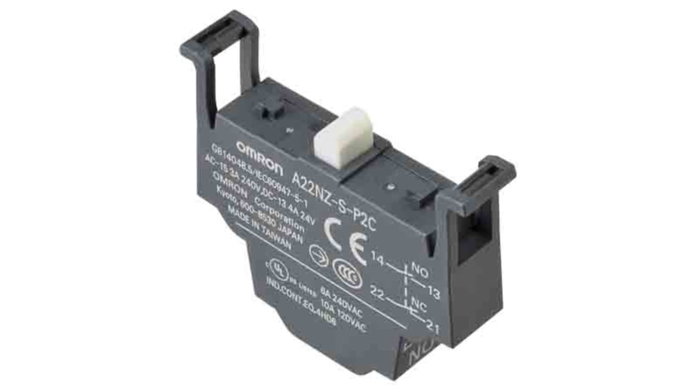 Blocco contatti Omron A22NZ-S-P2C, modulo 1CO SPST-NO + SPST-NC, design compatto per pannelli di controllo.