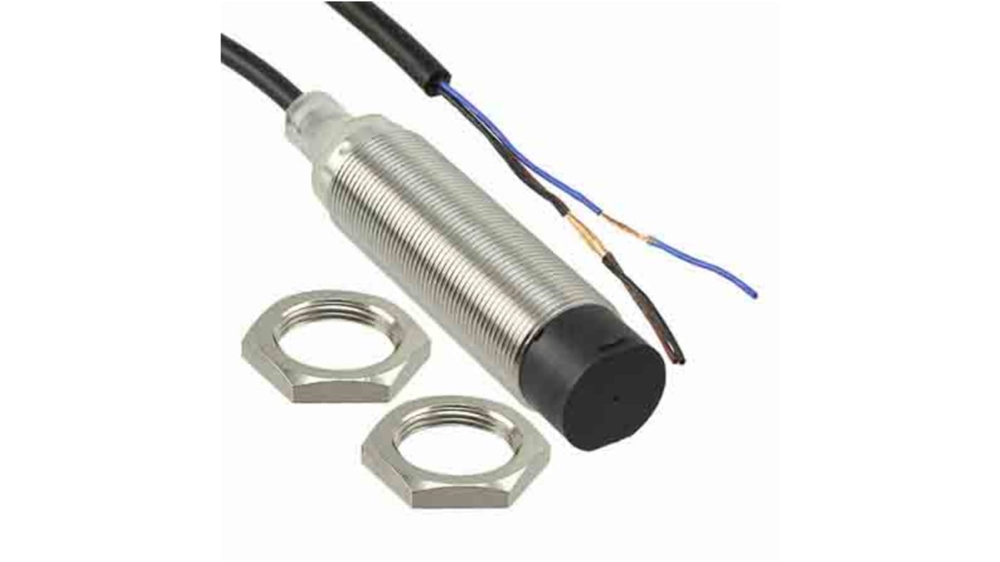 Sensore di prossimità cilindrico PNP Omron E2B-M18LN16-WP-B1, rilevamento 16 mm, cavo 2 m, grado di protezione IP67.
