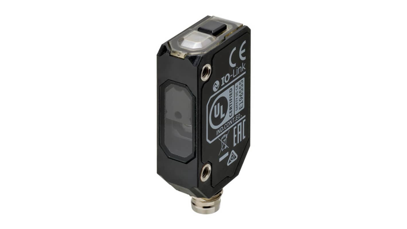 Omron E3AS-F1500IPD M3, sensore fotoelettrico rettangolare con rilevamento fino a 1,5 m, uscita PNP e connettore M8 a 4 pin.