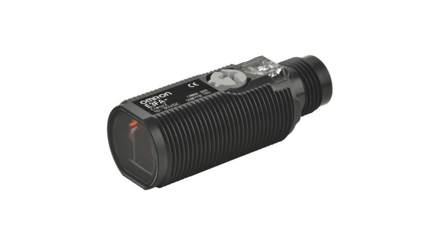 Sensore fotoelettrico Omron E3FA-DP24-E016, cilindrico a diffusione, rilevamento 150 mm, uscita PNP, con connettore M12.