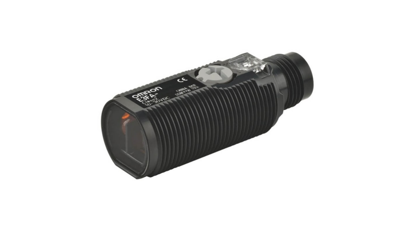 Sensore fotoelettrico cilindrico Omron E3FA-DP25, rilevamento 300 mm, uscita PNP, connettore M12, corpo robusto e impermeabile.