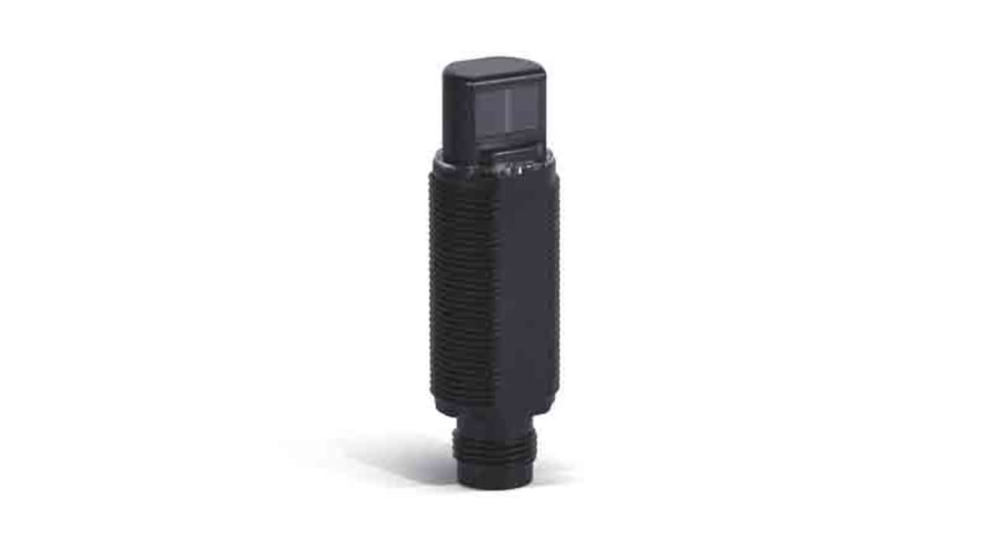 Sensore fotoelettrico cilindrico Omron E3RA-DP21, rilevamento a 100 mm, uscita PNP, con connettore M12, design compatto e robusto.