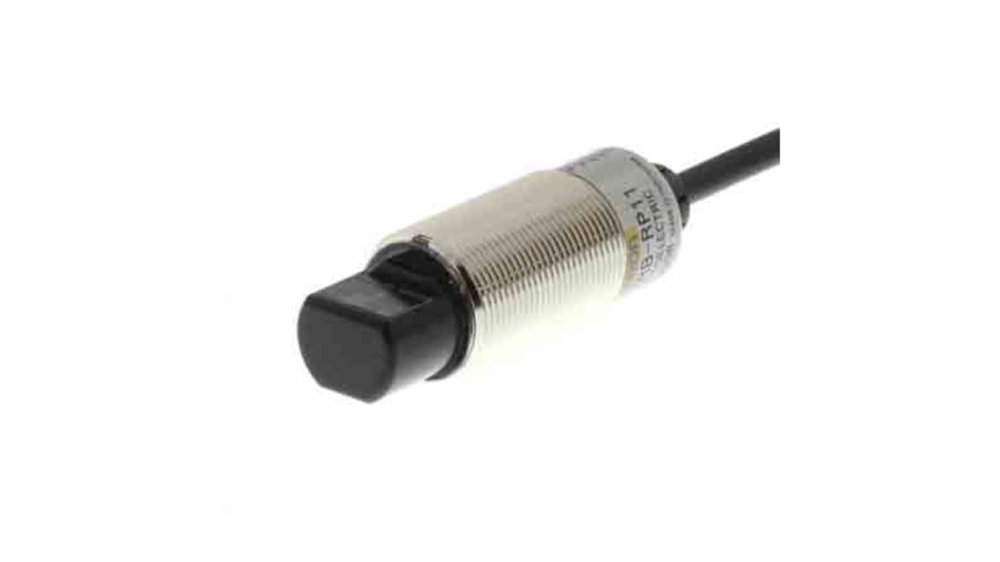 Sensore fotoelettrico cilindrico a retroriflessione Omron E3RB-RP11 2M, rilevamento 100-4000 mm, uscita PNP, pre-cablato, corpo metallico, impermeabile.