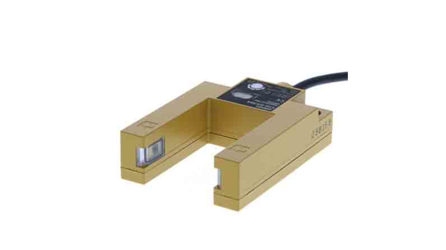 Sensore fotoelettrico a forcella Omron E3S-GS3B4 5M, rilevamento a 30 mm, uscita PNP, cavo pre-cablato di 5 m.