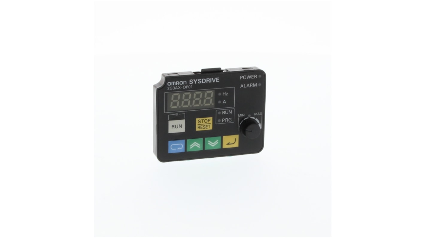 Pannello operatore Omron 3G3AX-OP01 con LED, cavo fino a 3 m, controllo coppia e programmazione logica integrata.