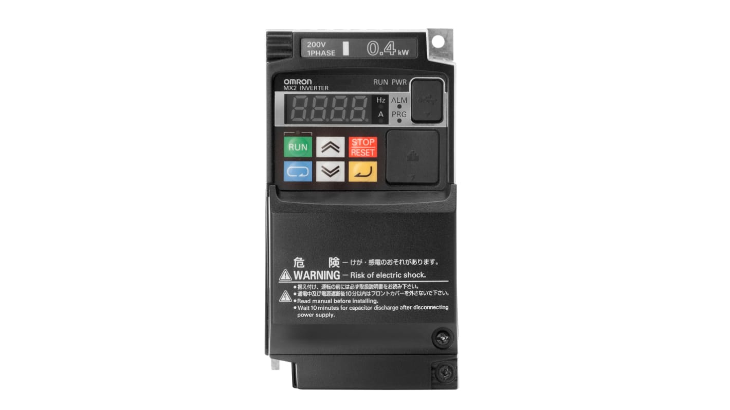 Inverter trifase Omron 3G3MX2-AB007-P-E, potenza 0,75 kW, tensione 200 V, corrente 5 A, comunicazioni Modbus RS-485.