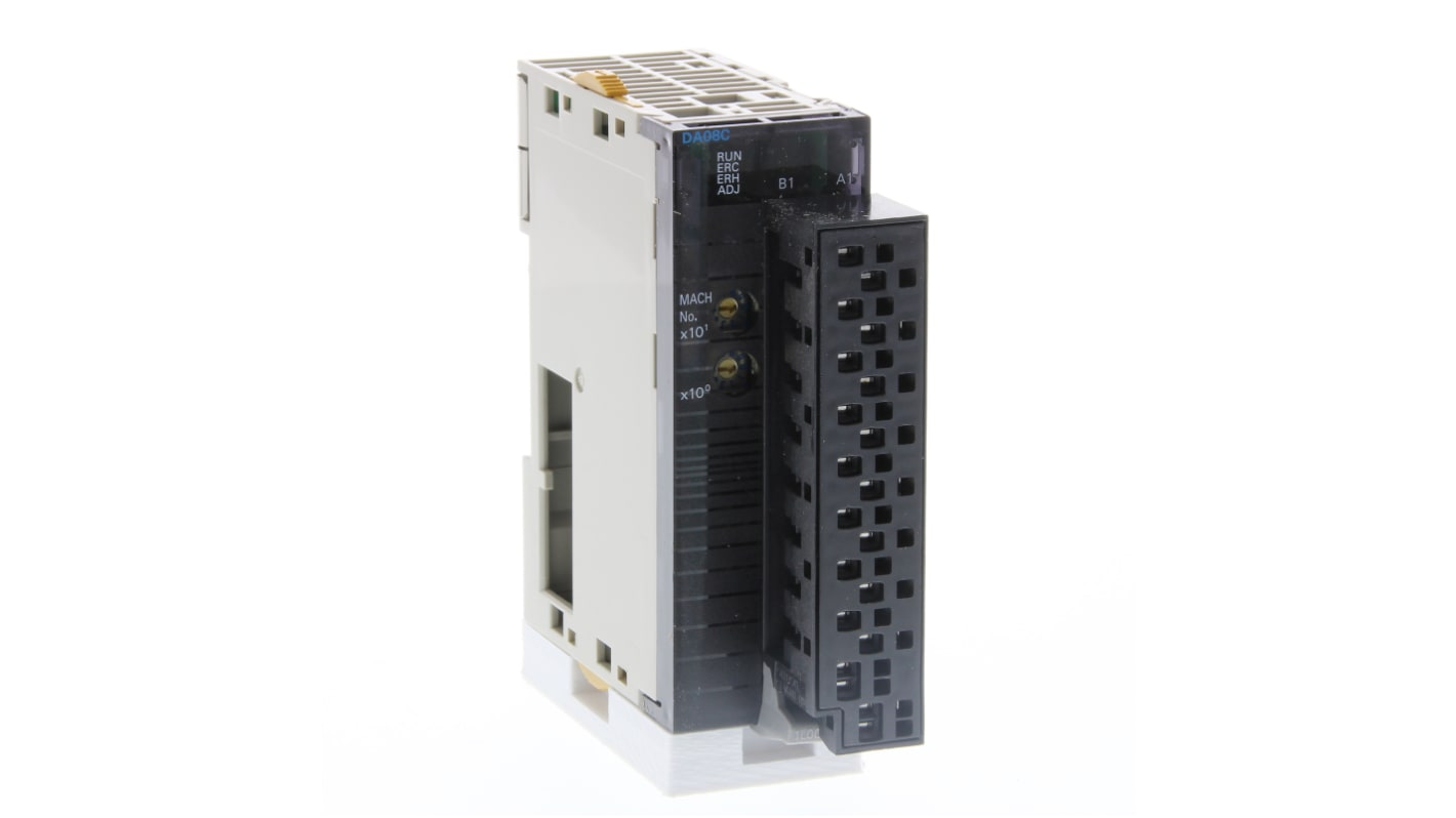 Modulo I/O Omron CJ1W-DA08C(SL) con 8 uscite analogiche 4-20 mA, risoluzione 12 bit, connessioni USB ed Ethernet.