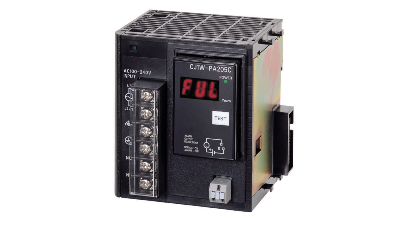 Alimentatore Omron CJ1W-PA205C, unità di ingresso per CJ1W, tensione 100-240 V c.a., capacità 25 W, monitor di manutenzione incluso.