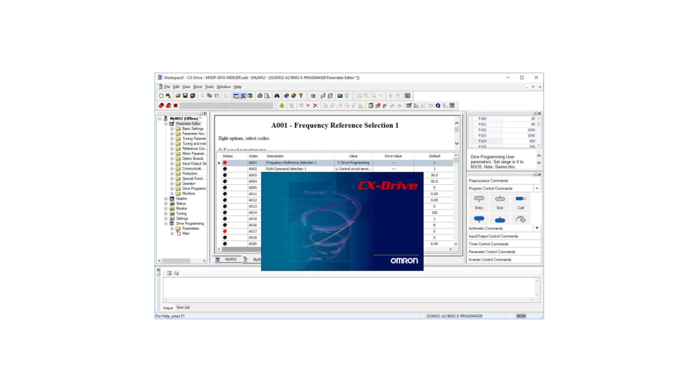 Omron CX-DRIVE 2.9, software PLC per configurazione di inverter e servomotori, facilita la regolazione e la programmazione.